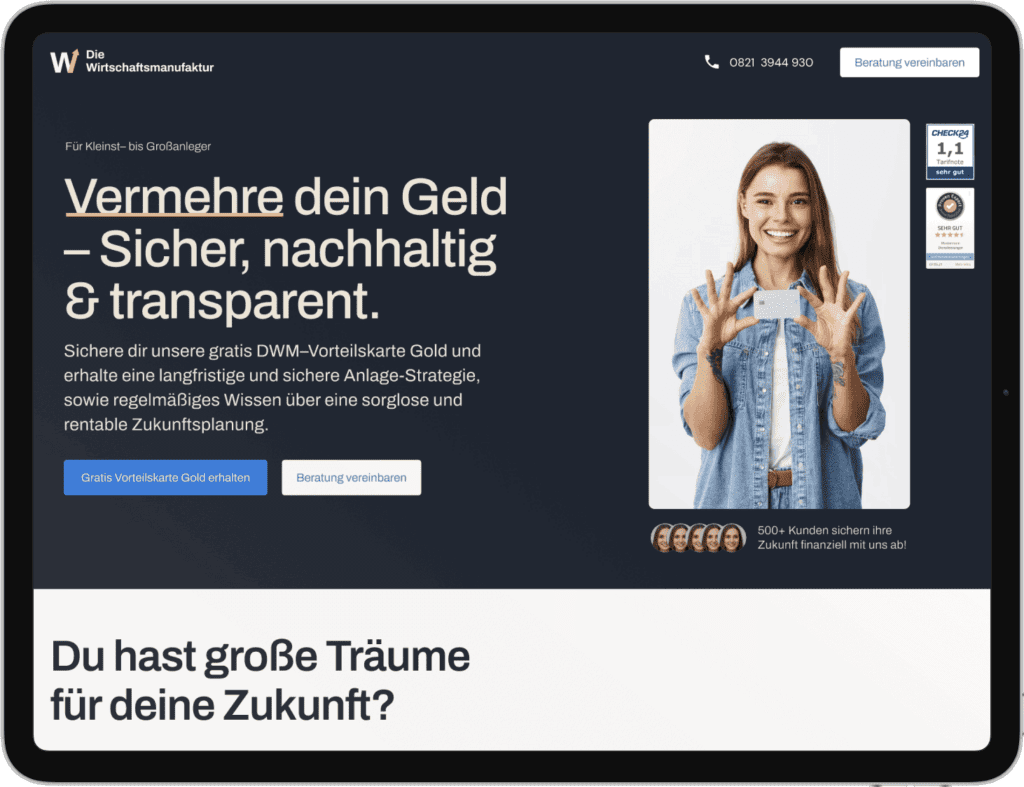 Vermehre dein Geld sicher, nachhaltig und transparent mit Die Wirtschaftsmanufaktur. Die Webseite wurde von Gehirngerecht Digital umgesetzt